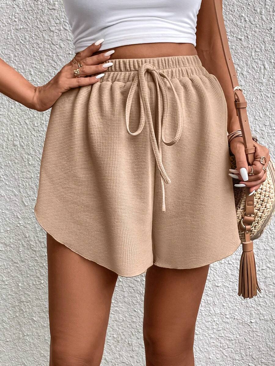 SHEIN LUNE Tie Front Waffle Knit Shorts - Khaki - View 1