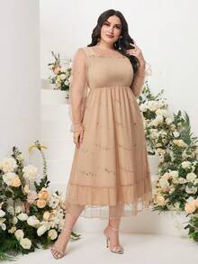 Modelyn Vestido de malla en contraste de manga amplia bajo con fruncido - Caqui - Ver 5