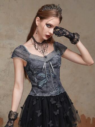 Goth T-shirt Imprimé Papillon Avec Tulle