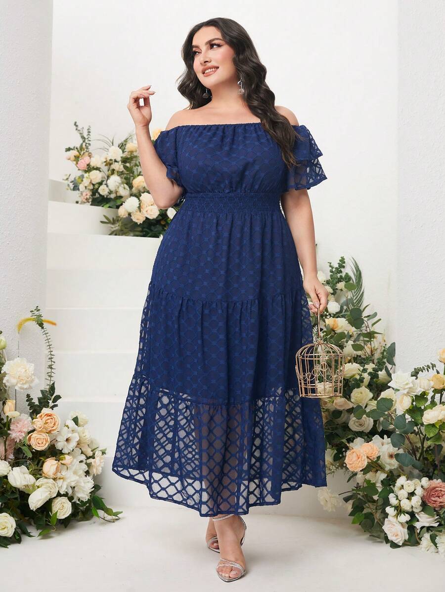 Mulvari Đầm Plus Size Xù Viên lá sen phân lớp màu trơn Thanh lịch - Màu xanh hải quân - Xem 1