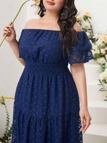 Mulvari Đầm Plus Size Xù Viên lá sen phân lớp màu trơn Thanh lịch - Màu xanh hải quân - Xem 3