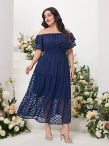 Mulvari Đầm Plus Size Xù Viên lá sen phân lớp màu trơn Thanh lịch - Màu xanh hải quân - Xem 5