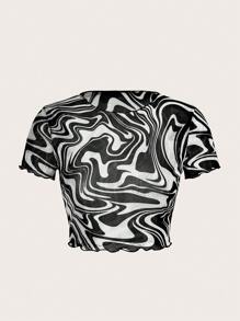 SHEIN EZwear Áo nữ Xù nhỏ Đá hoa Giải trí - Đen và trắng - Xem 1