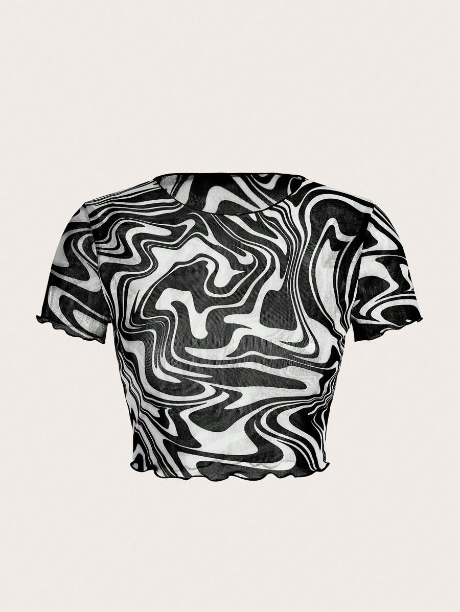 SHEIN EZwear Áo nữ Xù nhỏ Đá hoa Giải trí - Đen và trắng - Xem 1