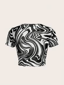 SHEIN EZwear Áo nữ Xù nhỏ Đá hoa Giải trí - Đen và trắng - Xem 2