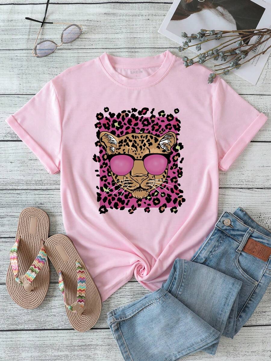 SHEIN LUNE Camiseta con estampado de leopardo - Rosa Pálido - Ver 1