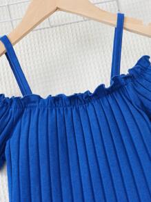 SHEIN Girls Cold Shoulder Frill Trim Fitted Dress - Blue - View 4