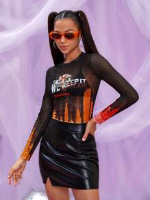 THE POWERPUFF GIRLS X SHEIN Cartoon & Đồ họa chữ cái Lưới Áo Không có áo ngực - màu đen - Xem 4