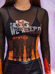 THE POWERPUFF GIRLS X SHEIN Cartoon & Đồ họa chữ cái Lưới Áo Không có áo ngực - màu đen - Xem 5