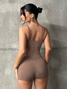 SHEIN ICON Letter Patched Cut Out Waist Cami Unitard Romper - Mocha Brown - View 2