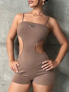 SHEIN ICON Letter Patched Cut Out Waist Cami Unitard Romper - Mocha Brown - View 6