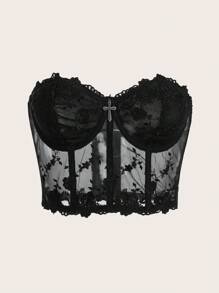ROMWE Goth Floral Lace Tube Top Bustier Top - Black - View 4