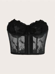 ROMWE Goth Floral Lace Tube Top Bustier Top - Black - View 3