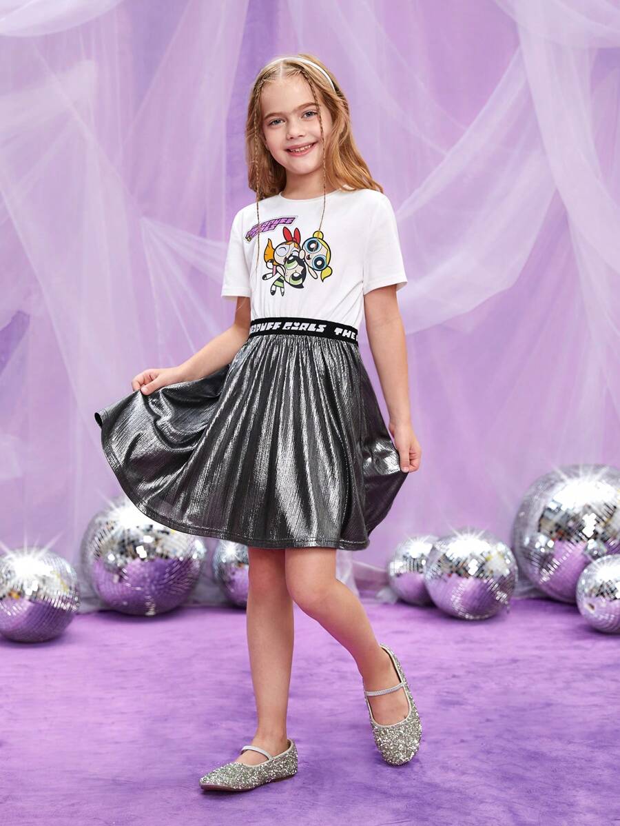 THE POWERPUFF GIRLS X SHEIN 女大童1入組卡通和字母圖案連衣裙 - 彩色 - 查看 1