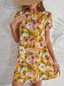 SHEIN LUNE 滿版印花花瓣袖直筒洋裝 - 黃色 - 查看 6