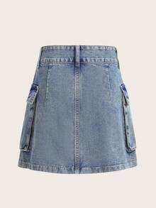 ROMWE Grunge Punk Túi nắp bên cạnh Váy Denim - Rửa nhẹ - Xem 2