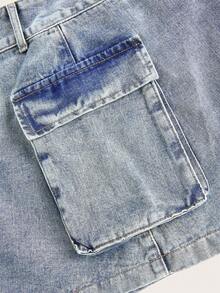 ROMWE Grunge Punk Túi nắp bên cạnh Váy Denim - Rửa nhẹ - Xem 3