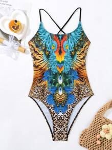 Leopard Print Crisscross Backless One Piece Swimsuit - Multicolor - View 5