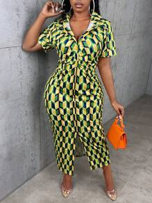 Slaydiva Đầm Plus Size Thắt lưng Dây kéo Nút phía trước Hình học Tất cả trên in Giải trí - màu xanh lá - Xem 2