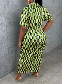 Slaydiva Đầm Plus Size Thắt lưng Dây kéo Nút phía trước Hình học Tất cả trên in Giải trí - màu xanh lá - Xem 3