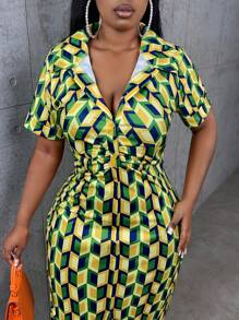 Slaydiva Đầm Plus Size Thắt lưng Dây kéo Nút phía trước Hình học Tất cả trên in Giải trí - màu xanh lá - Xem 4