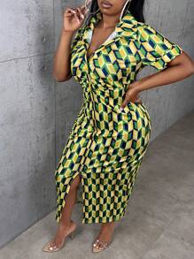 Slaydiva Đầm Plus Size Thắt lưng Dây kéo Nút phía trước Hình học Tất cả trên in Giải trí - màu xanh lá - Xem 6