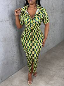 Slaydiva Đầm Plus Size Thắt lưng Dây kéo Nút phía trước Hình học Tất cả trên in Giải trí - màu xanh lá - Xem 1