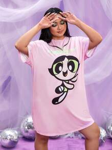 THE POWERPUFF GIRLS X SHEIN Hơn Cartoon & Đồ họa chữ cái Thả vai Váy ngủ - Màu Hồng baby - Xem 3
