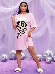 THE POWERPUFF GIRLS X SHEIN Hơn Cartoon & Đồ họa chữ cái Thả vai Váy ngủ - Màu Hồng baby - Xem 4