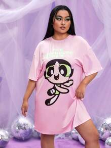 THE POWERPUFF GIRLS X SHEIN Hơn Cartoon & Đồ họa chữ cái Thả vai Váy ngủ - Màu Hồng baby - Xem 5