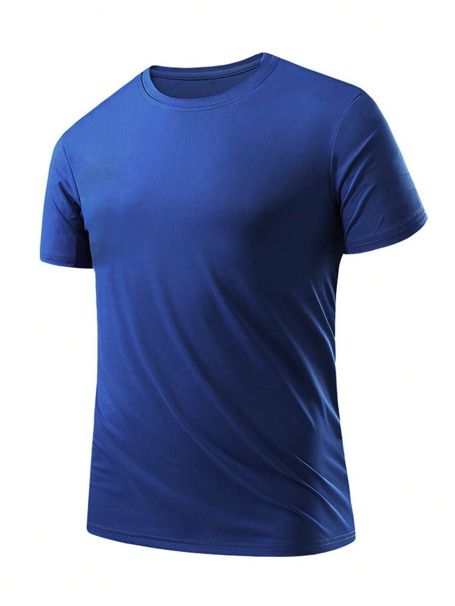 SHEIN Daily&Casual Men Solid Crew Neck Sports Tee - Blue - View 1