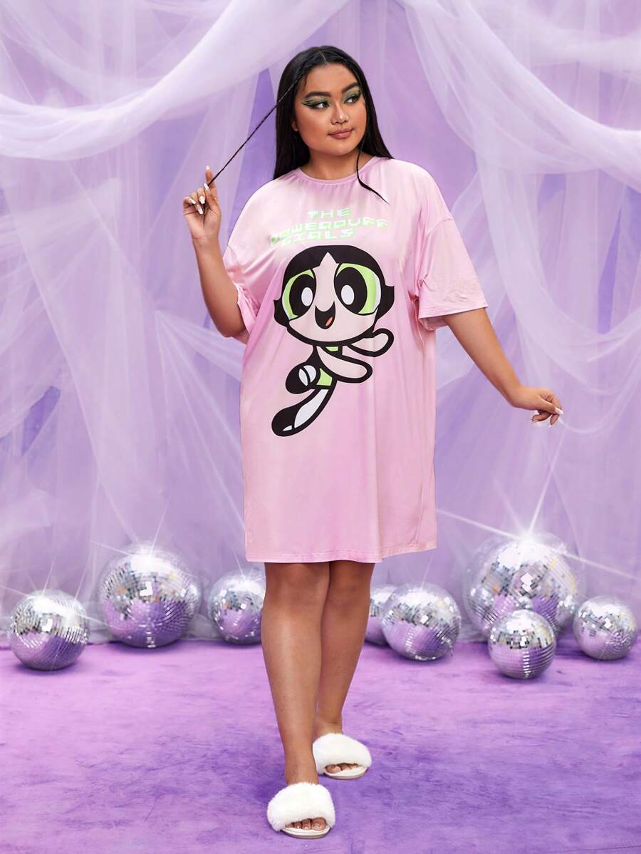 THE POWERPUFF GIRLS X SHEIN Hơn Cartoon & Đồ họa chữ cái Thả vai Váy ngủ - Màu Hồng baby - Xem 1