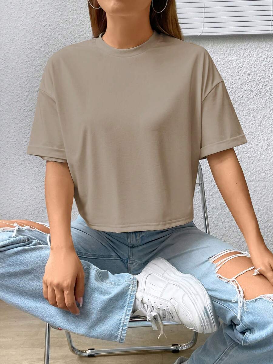 SHEIN EZwear Solid Drop Shoulder Tee - Camel - View 1