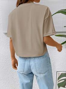 SHEIN EZwear Solid Drop Shoulder Tee - Camel - View 2