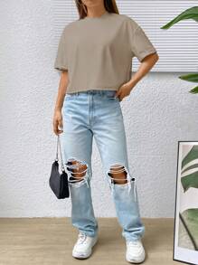 SHEIN EZwear Solid Drop Shoulder Tee - Camel - View 3