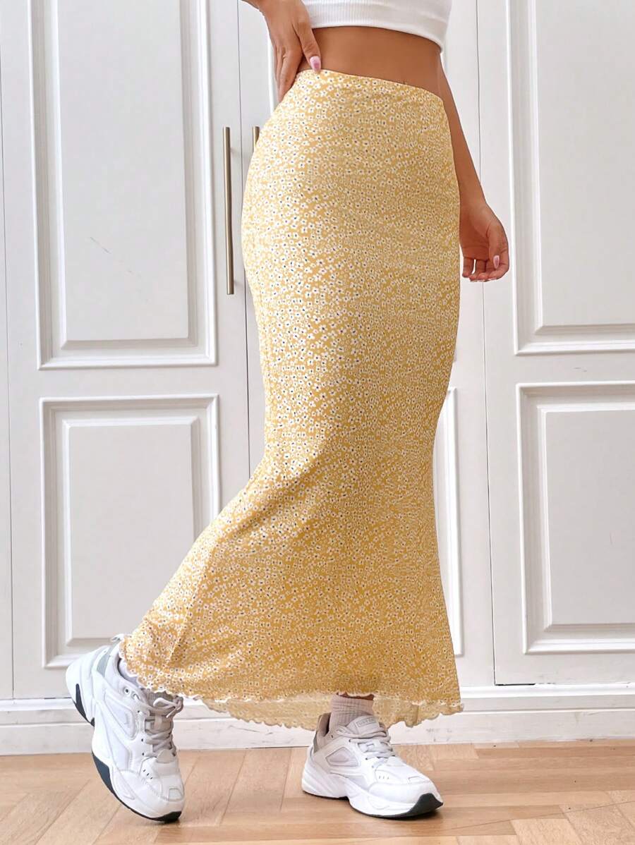 SHEIN EZwear 碎花木耳邊魚尾短裙 - 黃色 - 查看 1