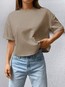 SHEIN EZwear Solid Drop Shoulder Tee - Camel - View 6