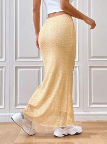 SHEIN EZwear 碎花木耳邊魚尾短裙 - 黃色 - 查看 2