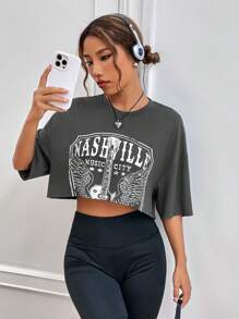 SHEIN EZwear Graues Crop Drop Shoulder T-Shirt mit Adler- und Buchstabengrafik im Retro Stil
