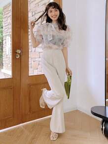 DAZY 纯色喇叭腿休闲商务裤、女士正装裤、返校服 - 米色 - 查看 5