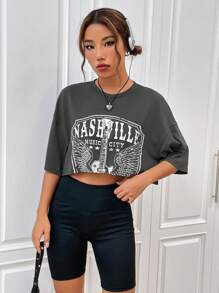 SHEIN EZwear Graues Crop Drop Shoulder T-Shirt mit Adler- und Buchstabengrafik im Retro Stil