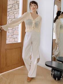 DAZY 纯色喇叭腿休闲商务裤、女士正装裤、返校服 - 米色 - 查看 6