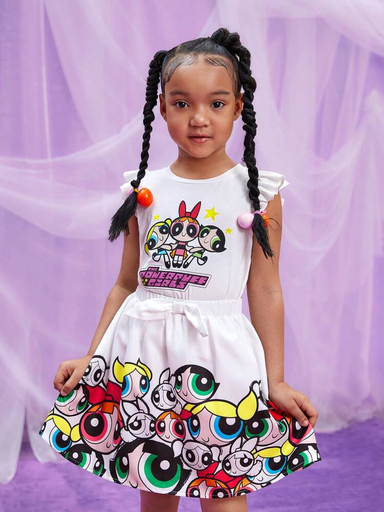 THE POWERPUFF GIRLS X SHEIN Young Girl Cartoon & Letter Graphic Ruffle Trim Tee - White - View 4