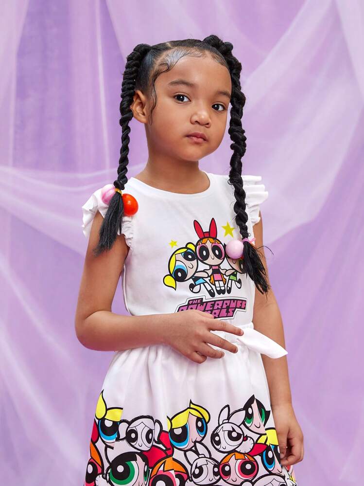 THE POWERPUFF GIRLS X SHEIN Young Girl Cartoon & Letter Graphic Ruffle Trim Tee - White - View 8