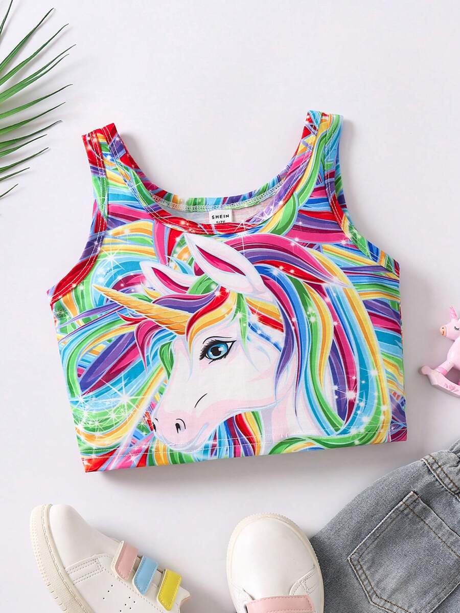 SHEIN 小女童獨角獸印花背心上衣 - 彩色 - 查看 1