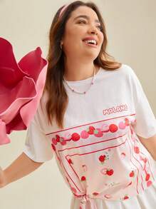 SHEIN X MOLANG Áo thun Plus size Lá thư Rau quả Giải trí - trắng - Xem 8