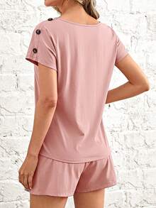 SHEIN LUNE Bộ đồ hai mảnh nữ Nút màu trơn Giải trí - Hồng - Xem 4