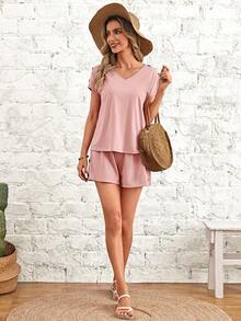 SHEIN LUNE Bộ đồ hai mảnh nữ Nút màu trơn Giải trí - Hồng - Xem 5