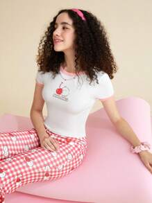 SHEIN X MOLANG 卡通和字母圖案滾邊T恤 - 白色 - 查看 4