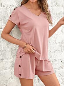 SHEIN LUNE Bộ đồ hai mảnh nữ Nút màu trơn Giải trí - Hồng - Xem 1